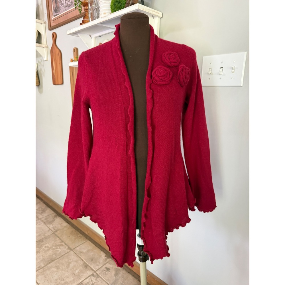 Elena Solano Red 100% Cashmere Rosette Open Cardigan Sweater Womens Medium